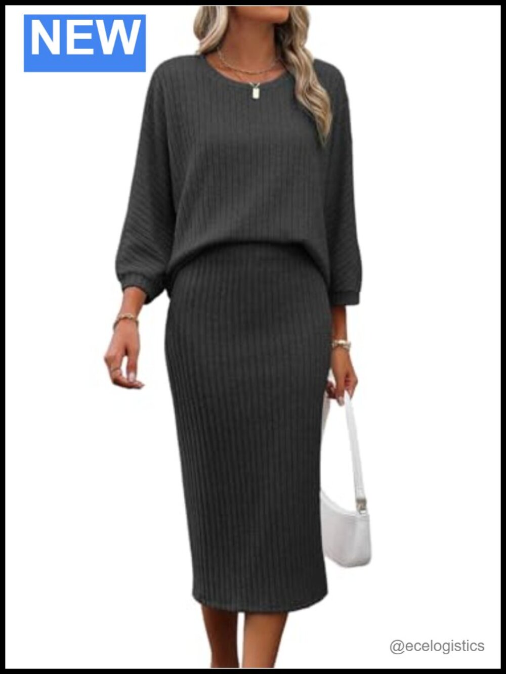 Womens 2 Piece Sweater Skirt Set Ribbed Knit Lantern Sleeve Midi Skirt Outfit